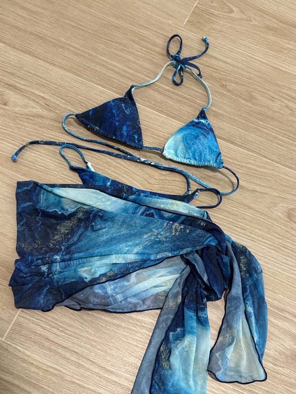 Shein Blue Tie-Dye Triangle Bikini with Sarong - Women Swim